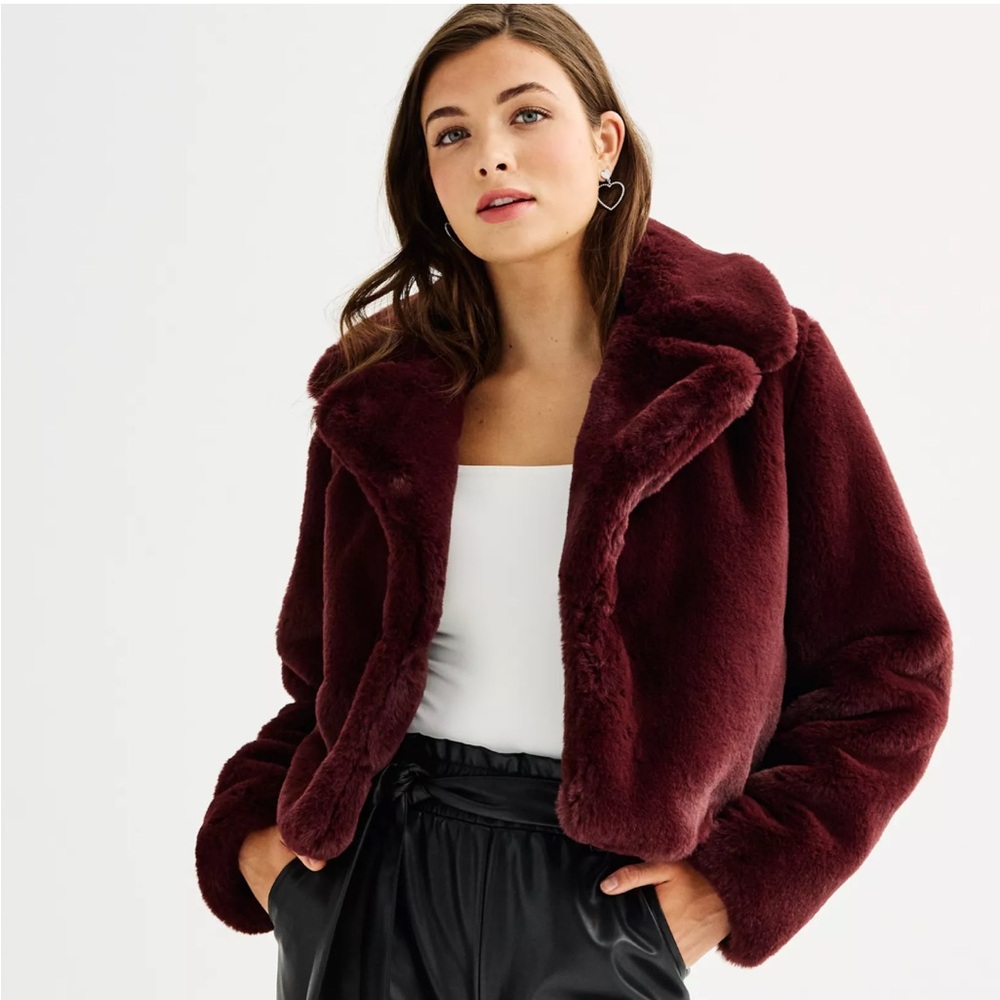 KOHLS SO Faux Fur Jacket / Coat in Deep Burgundy